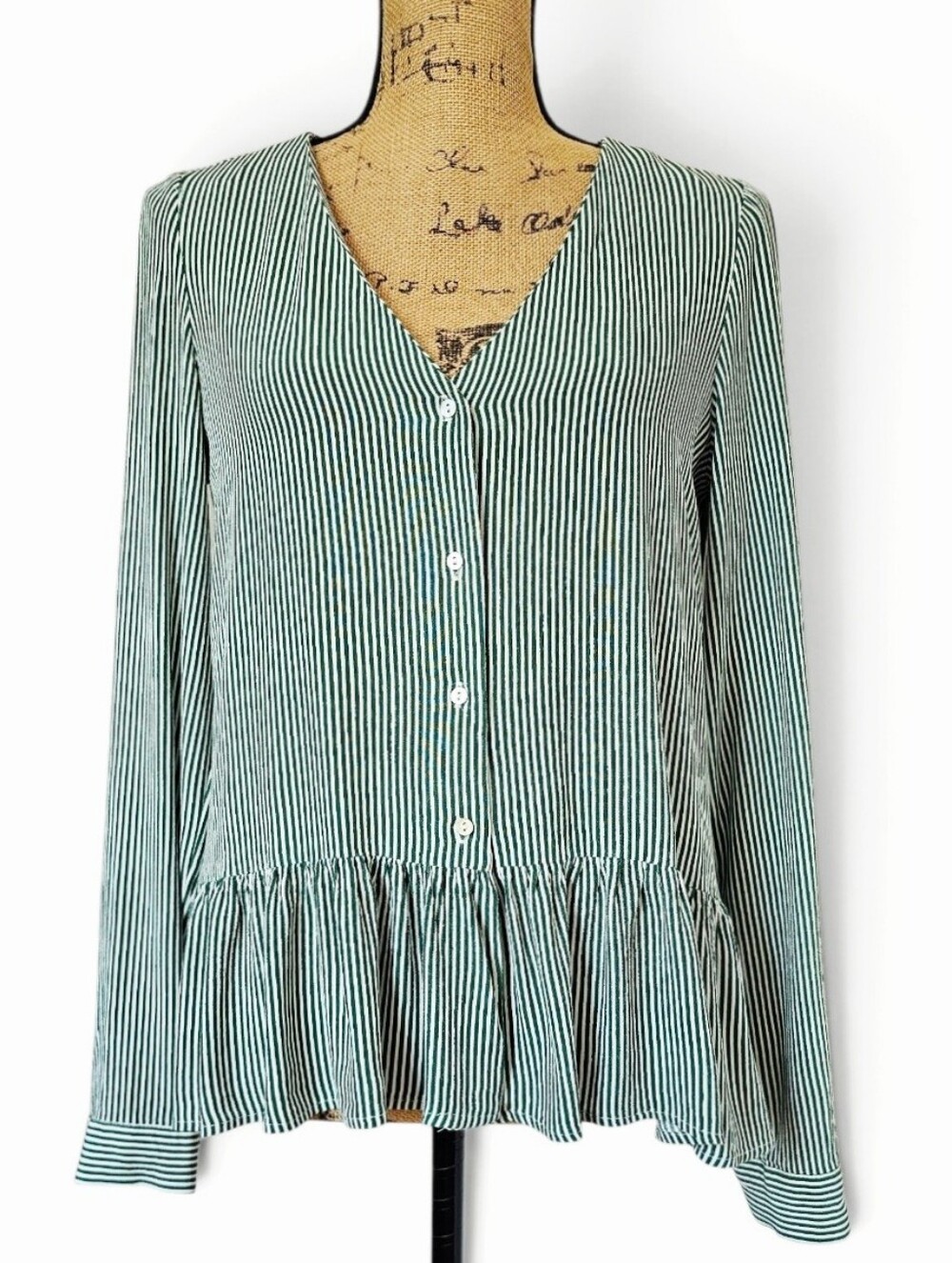 Zara Trafaluc Coastal Green and White Striped V-Neck Button Down Blouse, Size M